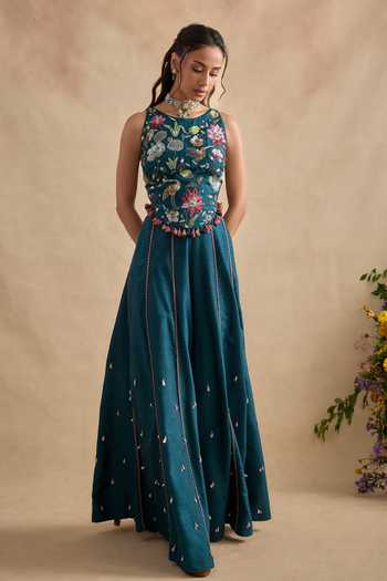 Buy_Kalista_Blue Silk, Viscose Round Neck Sonika Floral Embroidered Blouse And Sharara Set _at_Aza_Fashions