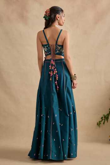 Shop_Kalista_Blue Silk, Viscose Round Neck Sonika Floral Embroidered Blouse And Sharara Set _at_Aza_Fashions