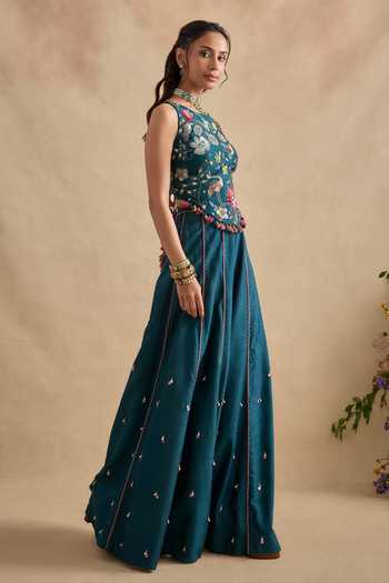 Shop_Kalista_Blue Silk, Viscose Round Neck Sonika Floral Embroidered Blouse And Sharara Set _Online_at_Aza_Fashions