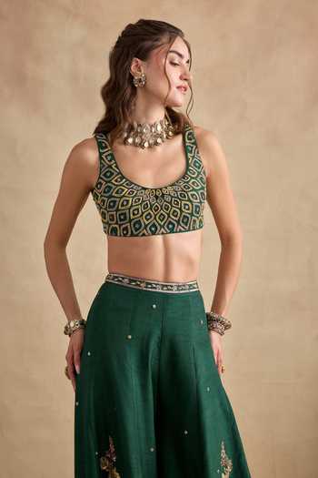 Kalista_Green Silk, Viscose Scoop Neck Shanaya Embroidered Blouse Sharara Set _Online_at_Aza_Fashions