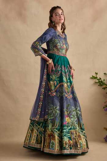 Kalista_Blue Silk, Net, Viscose Round Neck Shloka Print Anarkali And Dupatta Set _Online_at_Aza_Fashions