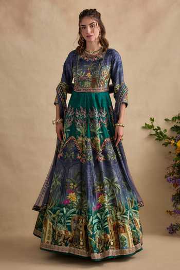 Buy_Kalista_Blue Silk, Net, Viscose Round Neck Shloka Print Anarkali And Dupatta Set _at_Aza_Fashions