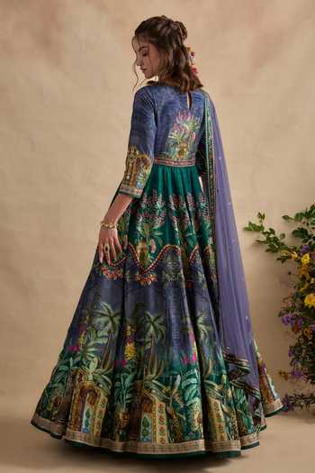 Shop_Kalista_Blue Silk, Net, Viscose Round Neck Shloka Print Anarkali And Dupatta Set _at_Aza_Fashions