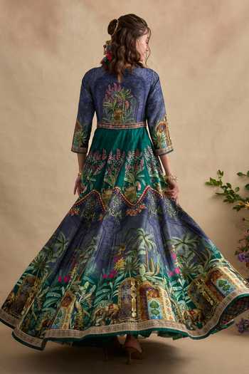 Buy_Kalista_Blue Silk, Net, Viscose Round Neck Shloka Print Anarkali And Dupatta Set _Online_at_Aza_Fashions