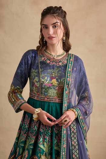 Kalista_Blue Silk, Net, Viscose Round Neck Shloka Print Anarkali And Dupatta Set _at_Aza_Fashions