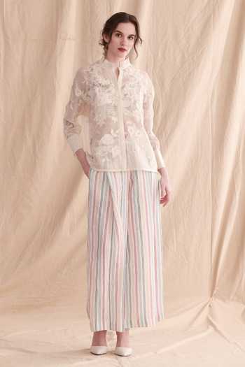 Dried Flowers_Ivory Silk, Organza, Chanderi Collared Neck Applique Hand Embroidered Shirt _Online_at_Aza_Fashions