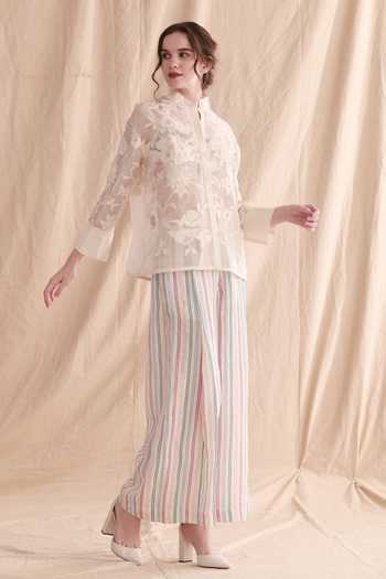 Buy_Dried Flowers_Ivory Silk, Organza, Chanderi Collared Neck Applique Hand Embroidered Shirt _Online_at_Aza_Fashions