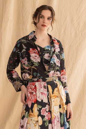 Buy_Dried Flowers_Black Silk, Chanderi Collared Neck Floral Garden Print Shirt _at_Aza_Fashions