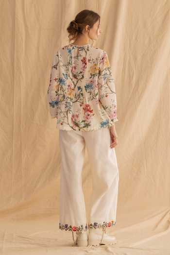 Shop_Dried Flowers_Ivory Silk, Chanderi Round Neck Floral Print Shirt _at_Aza_Fashions