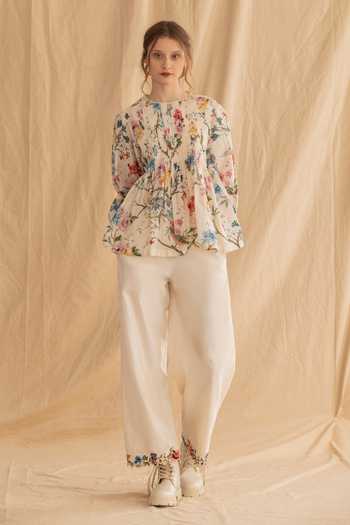 Buy_Dried Flowers_Ivory Silk, Chanderi Round Neck Floral Print Shirt _at_Aza_Fashions