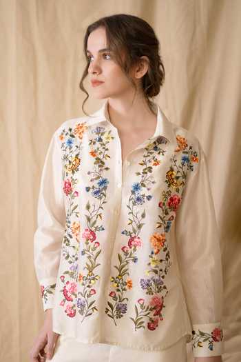 Dried Flowers_Ivory Silk, Chanderi Collared Neck Floral Pattern Shirt _at_Aza_Fashions