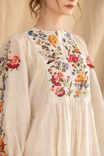 Dried Flowers_Ivory Silk, Chanderi Mandarin Collar Embroidered Midi Dress _Online_at_Aza_Fashions