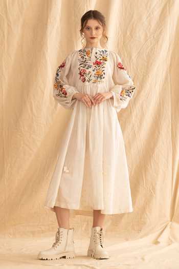 Buy_Dried Flowers_Ivory Silk, Chanderi Mandarin Collar Embroidered Midi Dress _at_Aza_Fashions