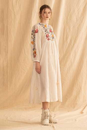 Buy_Dried Flowers_Ivory Silk, Chanderi Mandarin Collar Embroidered Midi Dress _Online_at_Aza_Fashions