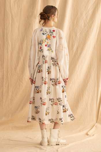 Shop_Dried Flowers_Ivory Silk, Chanderi Round Neck Embroidered Floral Dress _at_Aza_Fashions