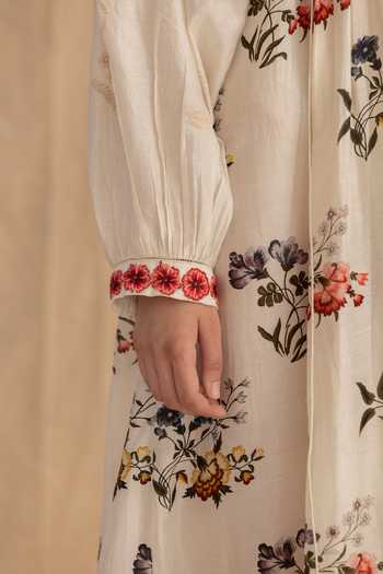 Dried Flowers_Ivory Silk, Chanderi Round Neck Embroidered Floral Dress _Online_at_Aza_Fashions