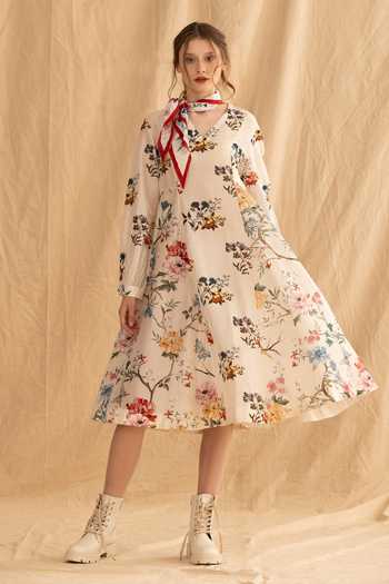 Buy_Dried Flowers_Ivory Silk, Chanderi V-neck Floral Print Dress _at_Aza_Fashions