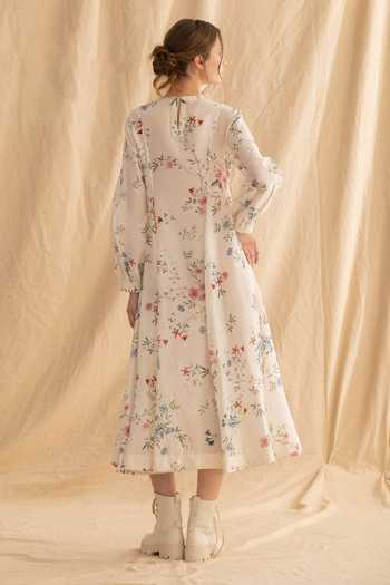 Shop_Dried Flowers_Ivory Silk, Chanderi Round Neck Ditsy Print Dress _at_Aza_Fashions