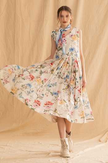 Buy_Dried Flowers_Ivory Silk, Chanderi V-neck Floral Print Dress _Online_at_Aza_Fashions
