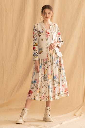 Buy_Dried Flowers_Ivory Silk, Chanderi V-neck Floral Print Dress _at_Aza_Fashions