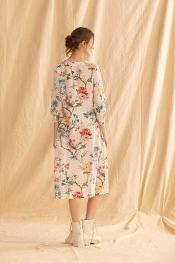 Shop_Dried Flowers_Ivory Silk, Chanderi Round Neck Floral Print Dress _at_Aza_Fashions