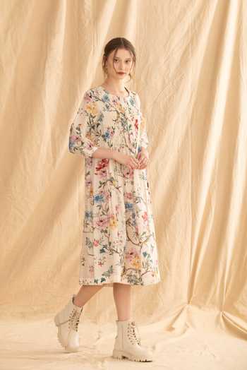 Dried Flowers_Ivory Silk, Chanderi Round Neck Floral Print Dress _Online_at_Aza_Fashions