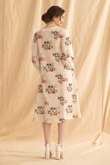 Shop_Dried Flowers_Ivory Silk, Chanderi Round Neck Floret Print Dress _at_Aza_Fashions