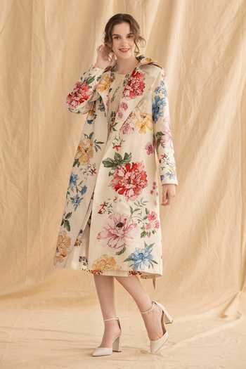Shop_Dried Flowers_Ivory Silk, Chanderi Round Neck Floret Print Dress _Online_at_Aza_Fashions
