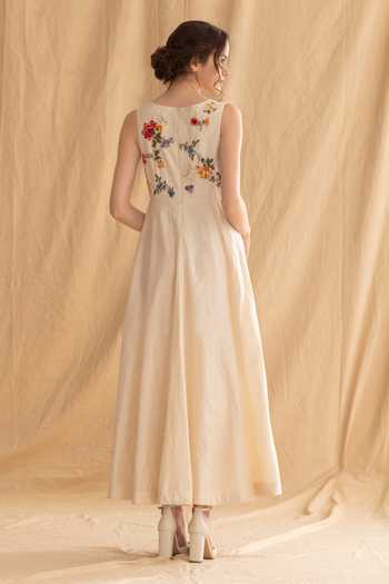 Shop_Dried Flowers_Ivory Silk, Cotton, Chanderi Boat Neck Embroidered Midi Dress _at_Aza_Fashions