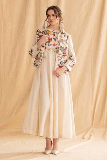 Buy_Dried Flowers_Ivory Silk, Cotton, Chanderi Boat Neck Embroidered Midi Dress _Online_at_Aza_Fashions