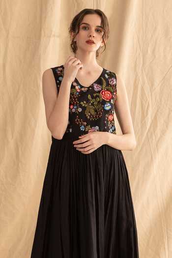 Dried Flowers_Black Silk, Cotton, Chanderi V-neck Sleeveless Floral Embroidered Dress _Online_at_Aza_Fashions