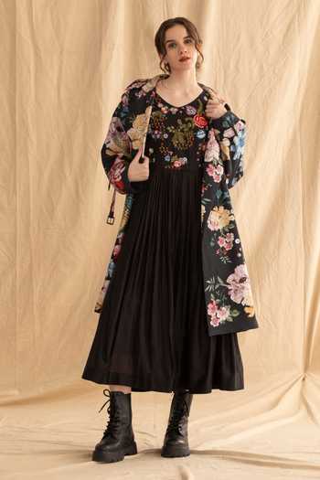 Buy_Dried Flowers_Black Silk, Cotton, Chanderi V-neck Sleeveless Floral Embroidered Dress _Online_at_Aza_Fashions