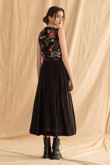 Shop_Dried Flowers_Black Silk, Cotton, Chanderi V-neck Sleeveless Floral Embroidered Dress _at_Aza_Fashions