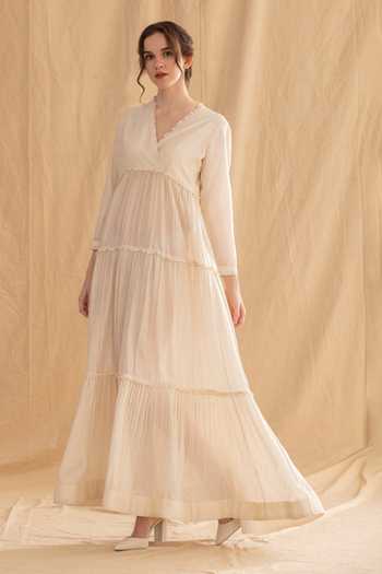 Dried Flowers_Ivory Silk, Chanderi V-neck Tiered Maxi Dress _Online_at_Aza_Fashions