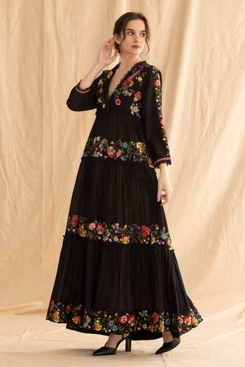 Dried Flowers_Black Silk, Cotton, Chanderi V-neck Embroidered Maxi Dress _Online_at_Aza_Fashions