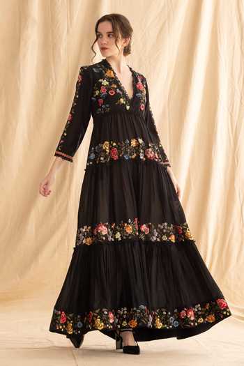 Buy_Dried Flowers_Black Silk, Cotton, Chanderi V-neck Embroidered Maxi Dress _at_Aza_Fashions