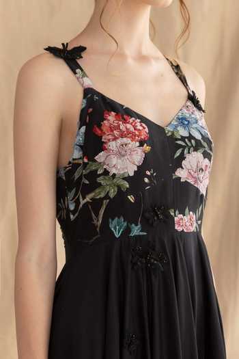 Dried Flowers_Black Silk, Chanderi V-neck 3d Hand Embroidered Dress _Online_at_Aza_Fashions