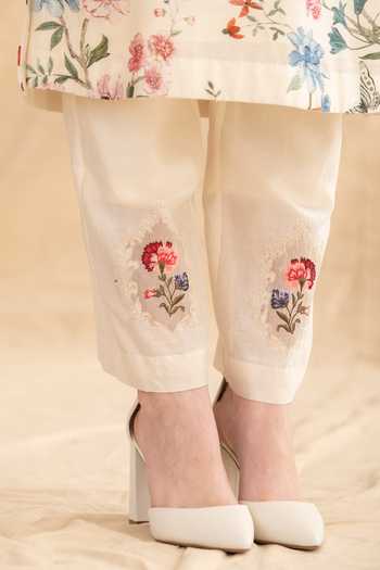 Dried Flowers_Ivory , Cotton, Chanderi, Organza Mandarin Floral Pattern Kurta Set _Online_at_Aza_Fashions