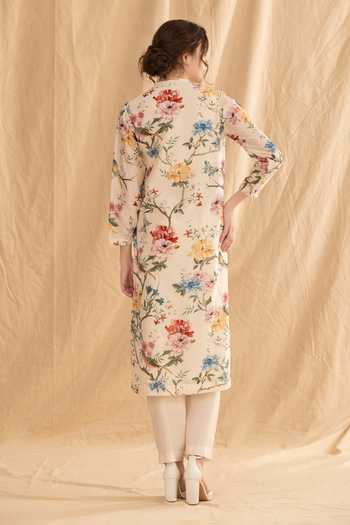 Shop_Dried Flowers_Ivory , Cotton, Chanderi, Organza Mandarin Floral Pattern Kurta Set _at_Aza_Fashions