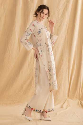 Shop_Dried Flowers_Ivory Silk, Chanderi Round Neck Ditsy Print Kurta And Trouser Set _Online_at_Aza_Fashions