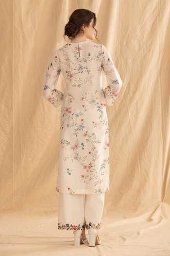 Shop_Dried Flowers_Ivory Silk, Chanderi Round Neck Ditsy Print Kurta And Trouser Set _at_Aza_Fashions