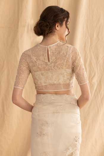 Shop_Dried Flowers_Ivory Silk Organza, Chanderi Round Neck Tonal Embroidered Saree Set _Online_at_Aza_Fashions
