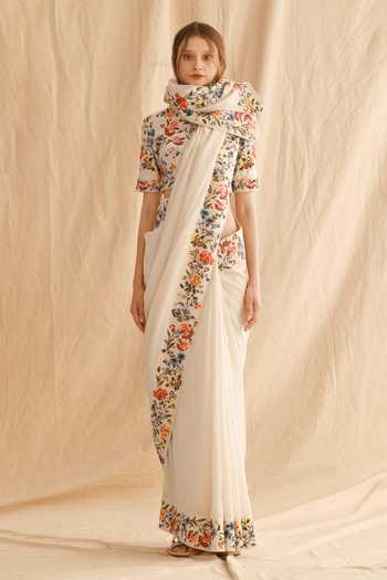 Dried Flowers_Ivory Silk, Chanderi Round Neck Hand Embroidered Saree And Blouse Set _Online_at_Aza_Fashions