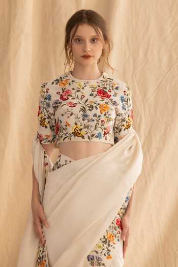 Buy_Dried Flowers_Ivory Silk, Chanderi Round Neck Hand Embroidered Saree And Blouse Set _Online_at_Aza_Fashions