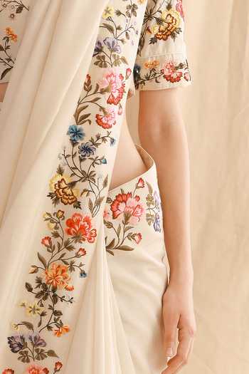 Shop_Dried Flowers_Ivory Silk, Chanderi Round Neck Hand Embroidered Saree And Blouse Set _Online_at_Aza_Fashions