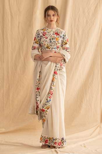 Buy_Dried Flowers_Ivory Silk, Chanderi Round Neck Hand Embroidered Saree And Blouse Set _at_Aza_Fashions