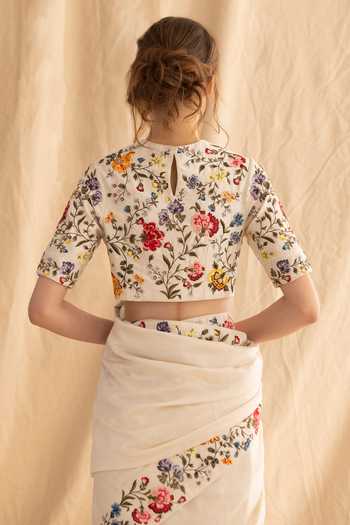 Shop_Dried Flowers_Ivory Silk, Chanderi Round Neck Hand Embroidered Saree And Blouse Set _at_Aza_Fashions