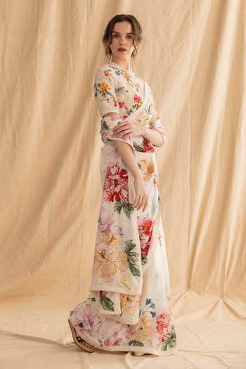 Dried Flowers_Multi Color Silk, Chanderi High Neck Floral Garden Pattern Saree With Blouse _Online_at_Aza_Fashions