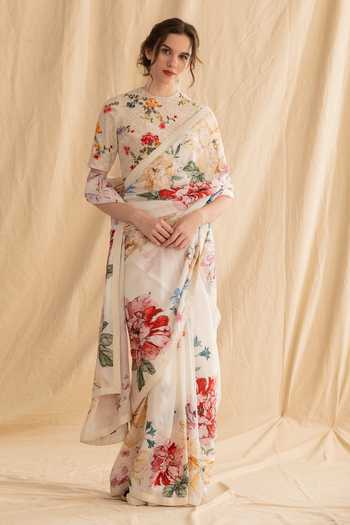 Buy_Dried Flowers_Multi Color Silk, Chanderi High Neck Floral Garden Pattern Saree With Blouse _at_Aza_Fashions