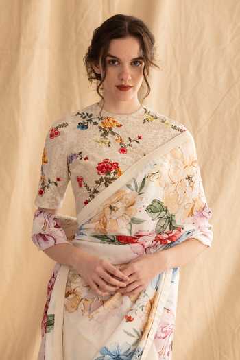Buy_Dried Flowers_Multi Color Silk, Chanderi High Neck Floral Garden Pattern Saree With Blouse _Online_at_Aza_Fashions
